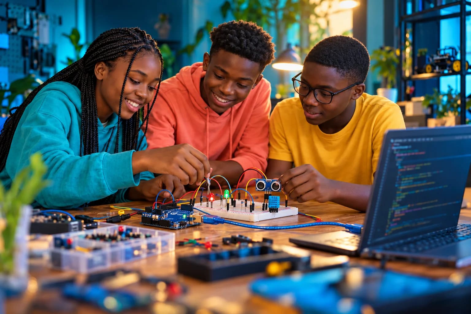 Students connecting an Arduino, breadboard and sensors to a laptop
